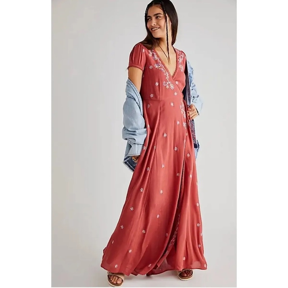 Free People | Mia Floral Embroidered Maxi Wrap Dress Size S - Picture 4 of 5